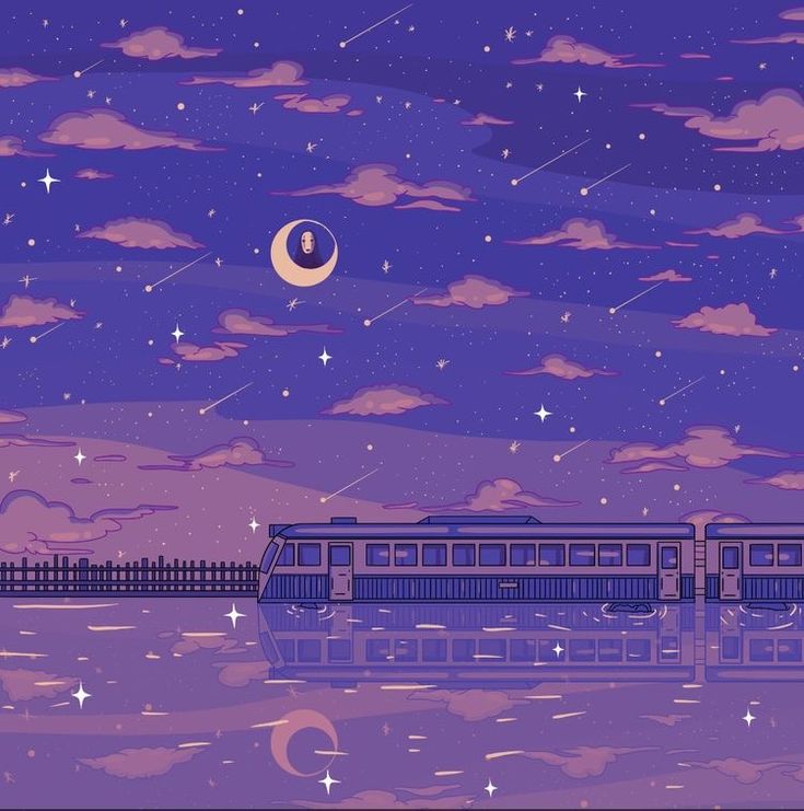 an illustration of a train traveling through the night sky