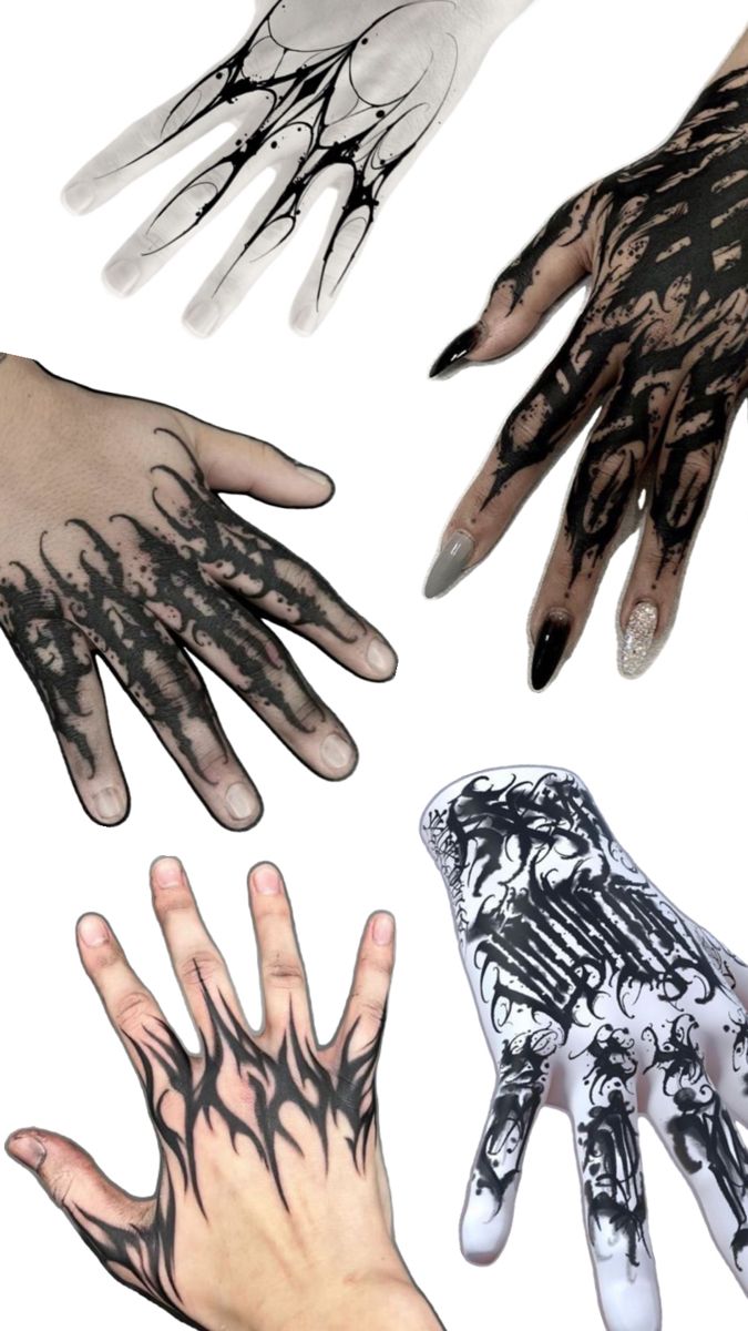 four different hands with black and white designs on their arms, one is painted to look like