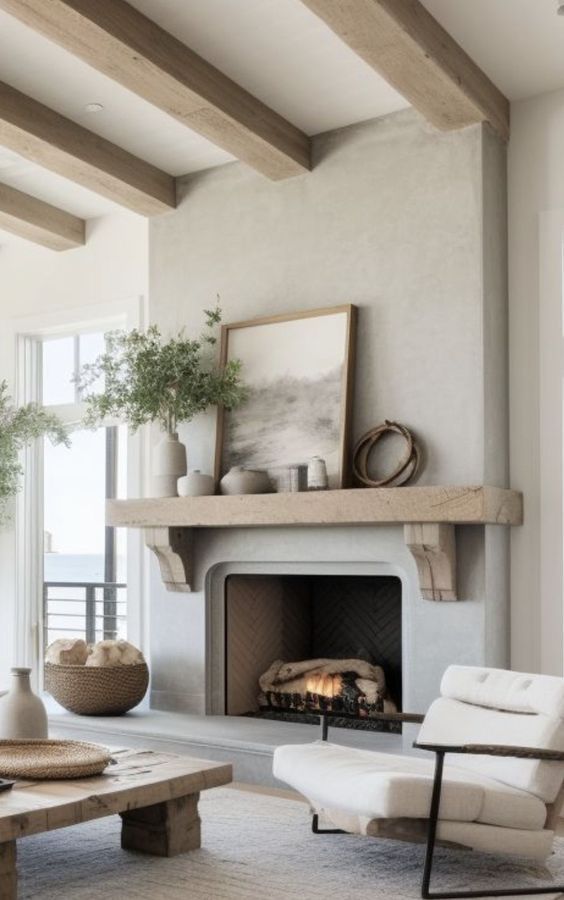 a living room filled with furniture and a fire place in the middle of a room