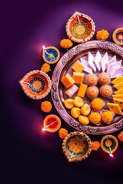 a plate with different types of food in it on a purple tablecloth and surrounded by small candles