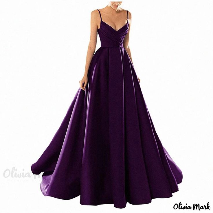 Olivia Mark - Evening Dress with Satin Fabric, Long Straps, Perfect for Hosting Parties and Events Violet Prom Dresses, Dark Purple Prom Dress, Purple Prom Dress Long, Deep Purple Wedding, Deep Purple Dress, Dark Purple Dresses, Hosting Parties, Deep V Neck Dress, Princess Skirt