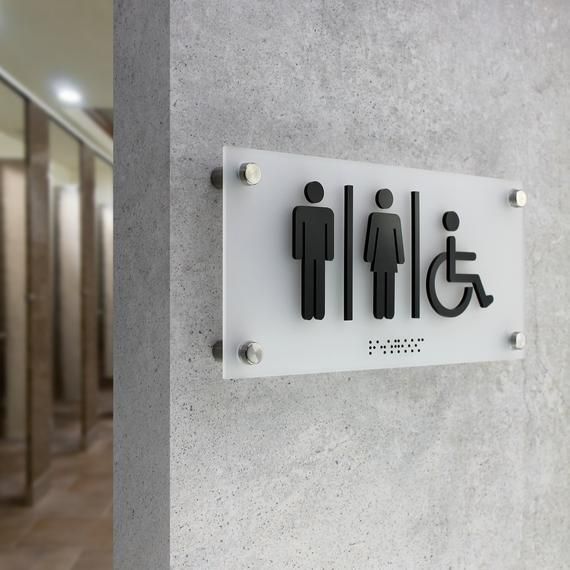 a bathroom sign on the side of a building