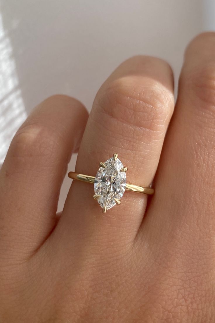 a woman's hand with a diamond ring on top of her finger, showing the center stone