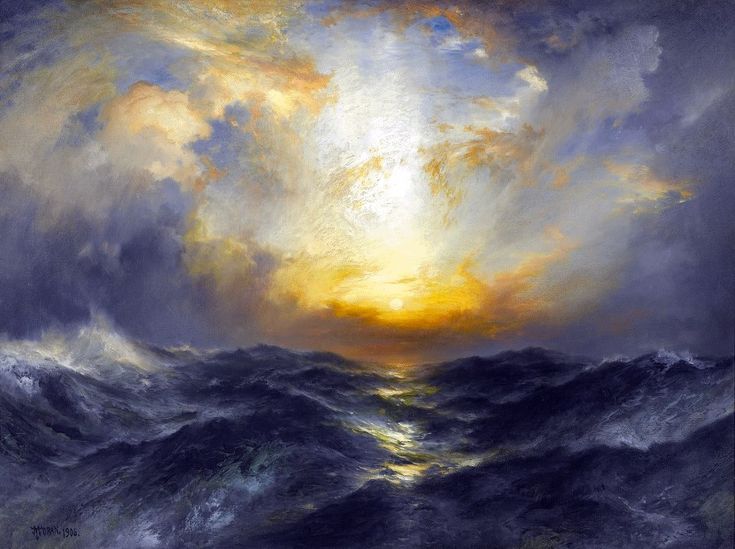 an oil painting of the ocean with waves and sun coming out from behind it,