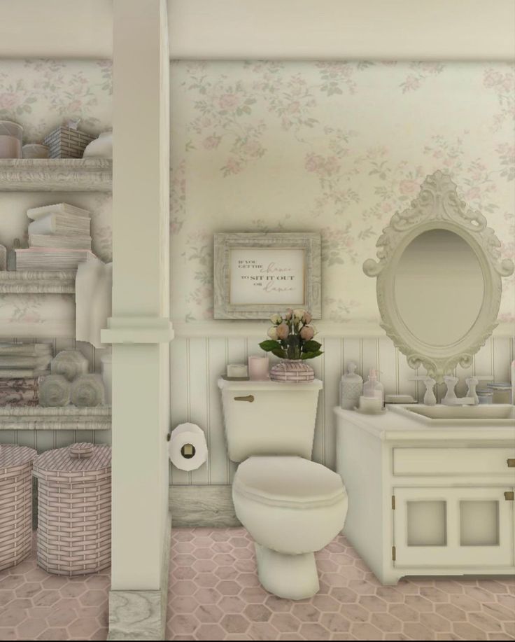 a white toilet sitting in a bathroom next to a sink and shelves filled with items