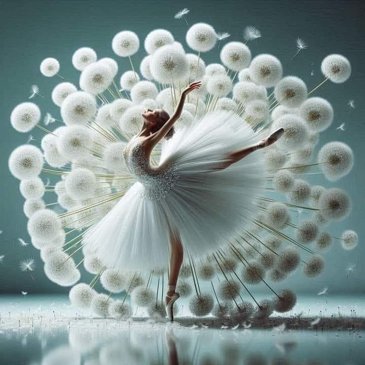 a ballerina is surrounded by white dandelions