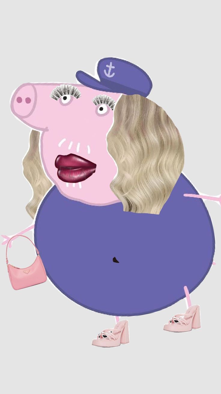 a drawing of a woman in a pink hat and blue dress with her face painted like a pig