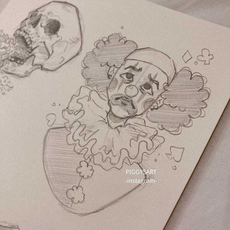 a drawing of a clown with a skull on it's head and another one in the background