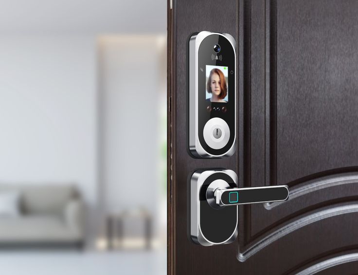 an electronic door lock is open and there are two people on the screen