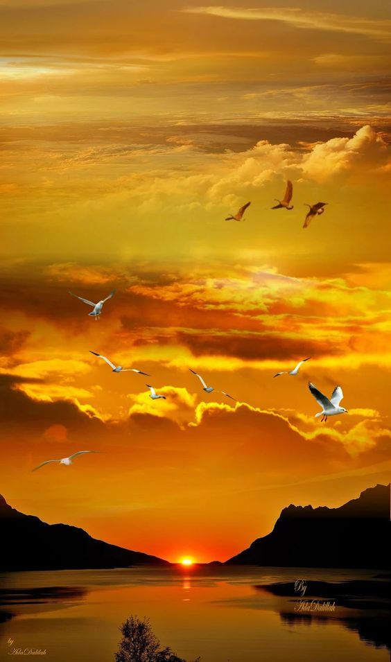 a painting of birds flying in the sky at sunset over water with mountains and clouds