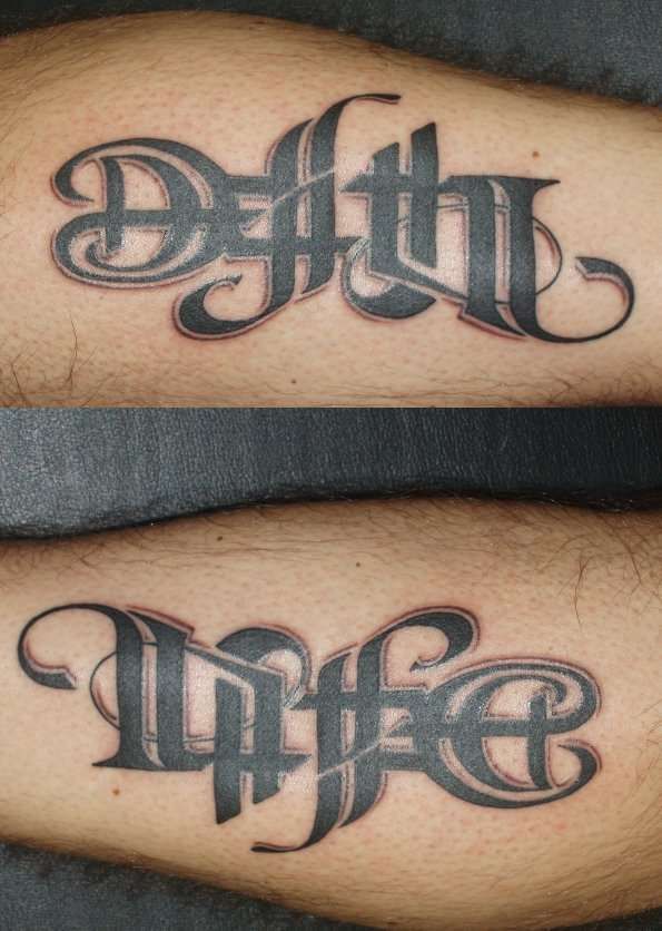 two mens legs with tattoos that say life and dffc on the sides