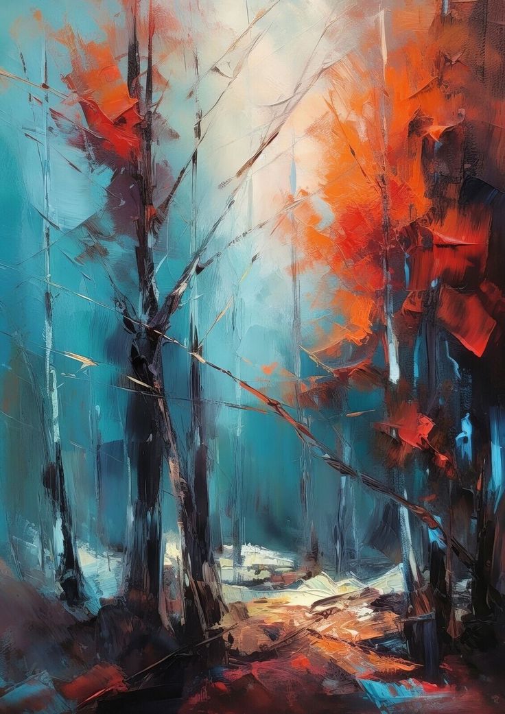 an abstract painting of trees in the woods