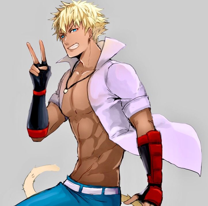 an anime character with blonde hair and blue pants holding his peace sign in one hand