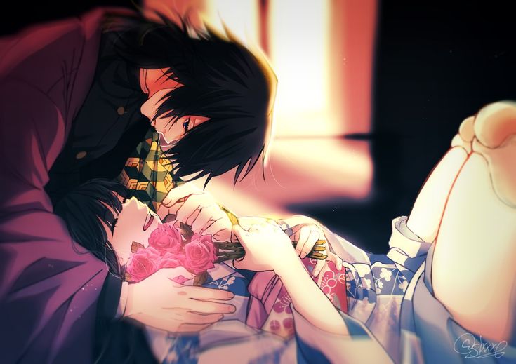 an anime scene with two people kissing and one is holding a flower in her hand