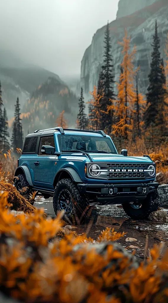 a blue truck parked in the middle of a forest