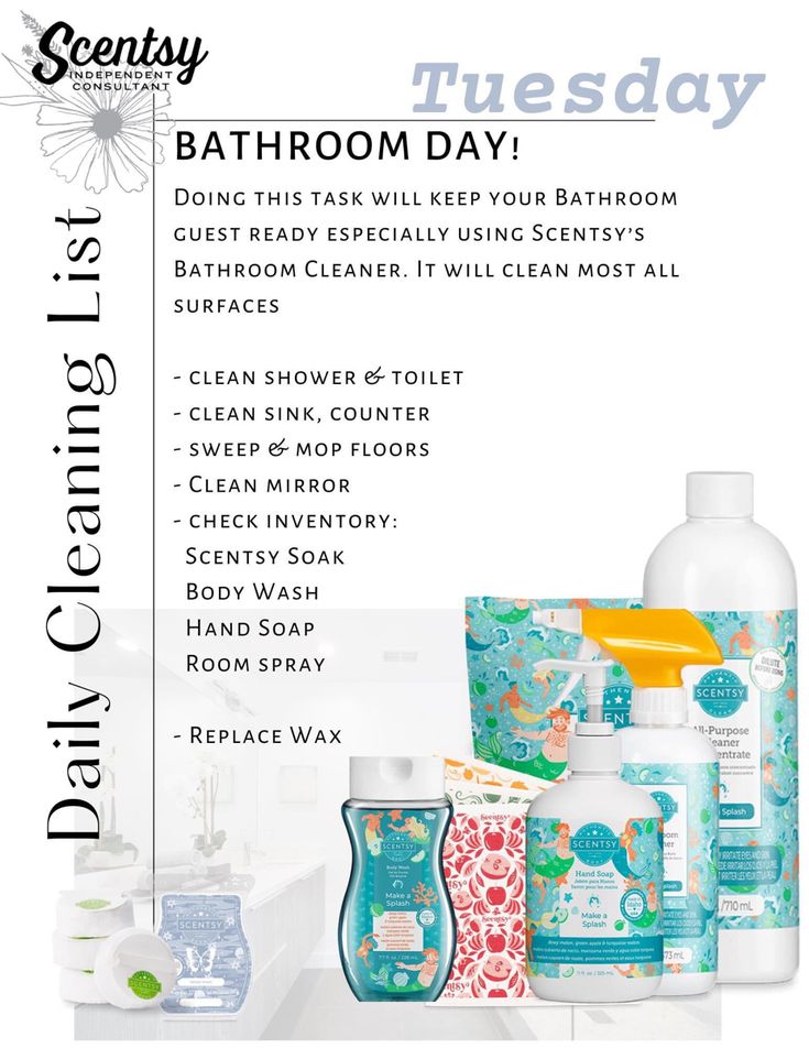 an advertisement for a bath room day with products on the counter and in front of it