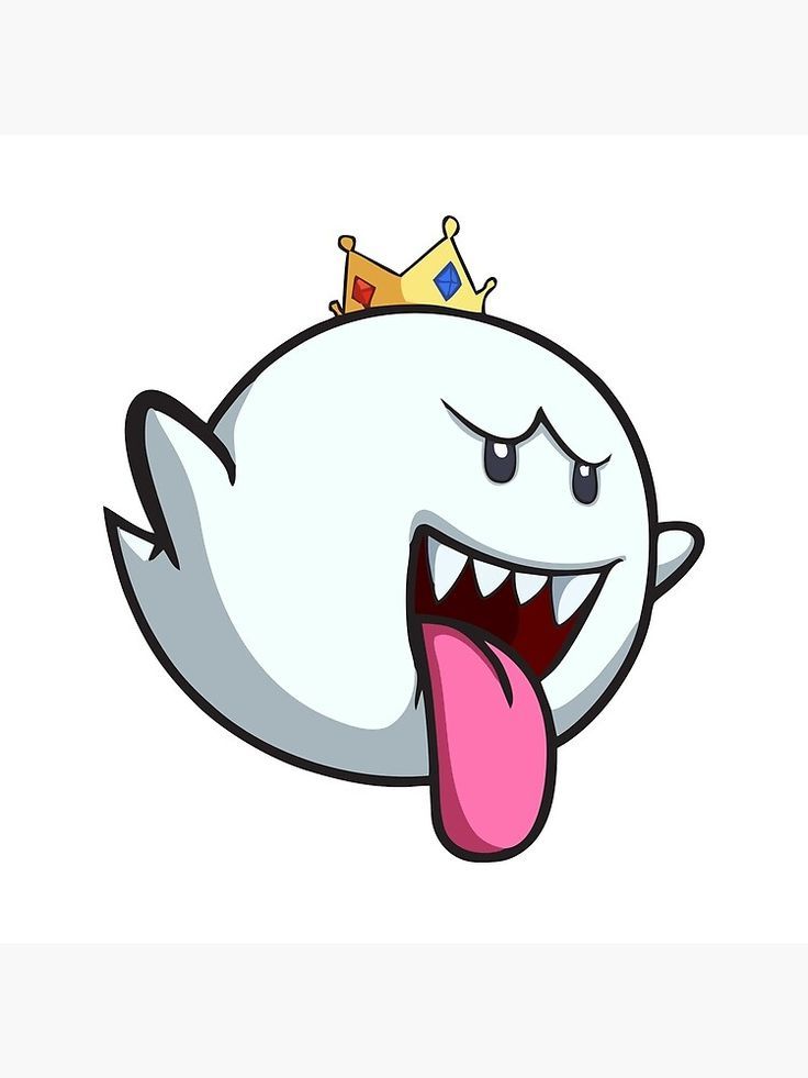 a white ghost with a crown on top of it's head sticking out its tongue