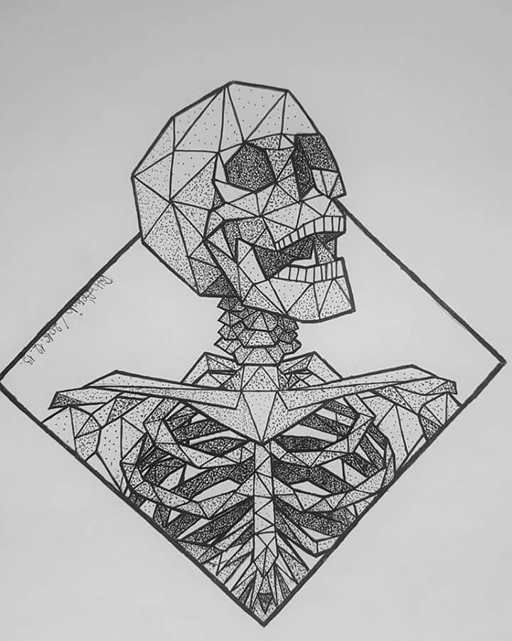 a black and white drawing of a skeleton with a geometric design on it's face