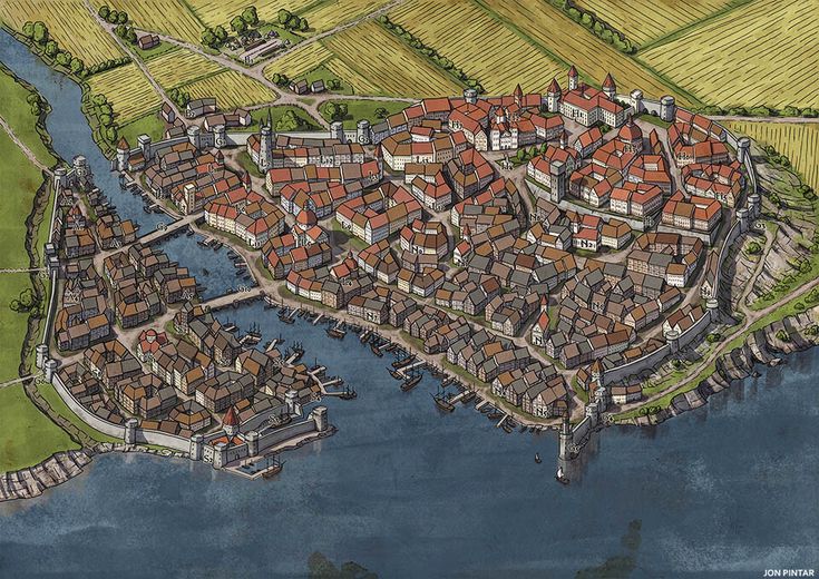 an artist's rendering of a city by the water with lots of buildings on it