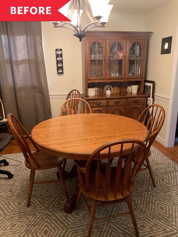 a dining room table with chairs and a hutch in the background, before and after remodeling