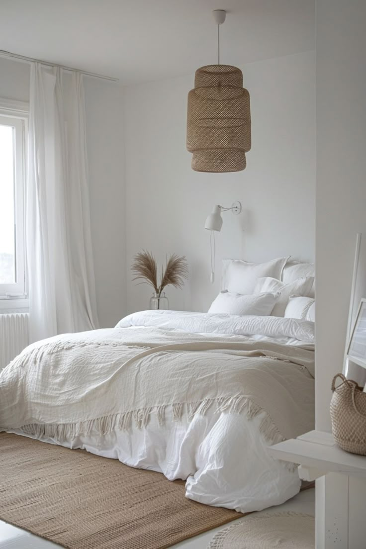 a bed with white linens and pillows in a bedroom next to a large window