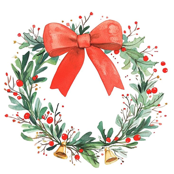 a watercolor christmas wreath with red bow and bells