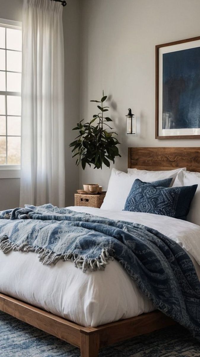 a bed with blue and white blankets in a bedroom next to a large potted plant