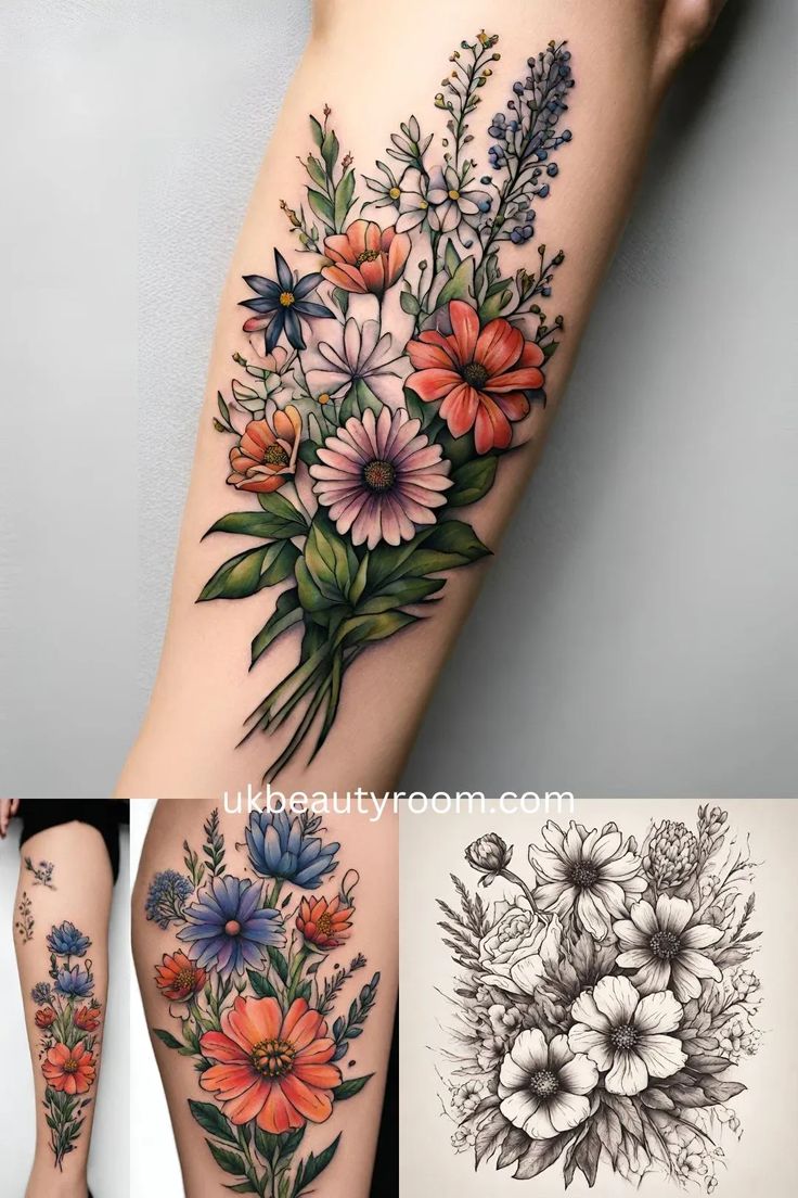 some tattoos with flowers and leaves on them