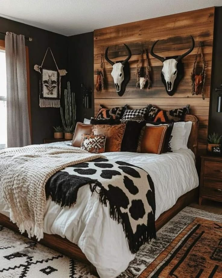 a bedroom with black walls and white bedding, cow head mounted on the wall