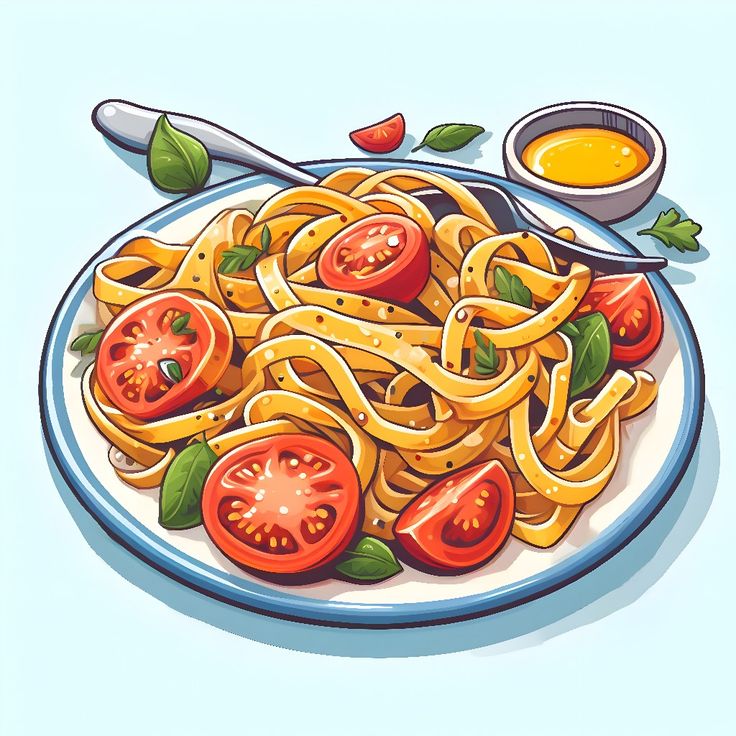 a plate of pasta with tomatoes and sauce on the side, ready to be eaten