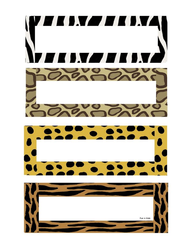 four different animal print name tags with zebra stripes and leopard spots on the bottom one