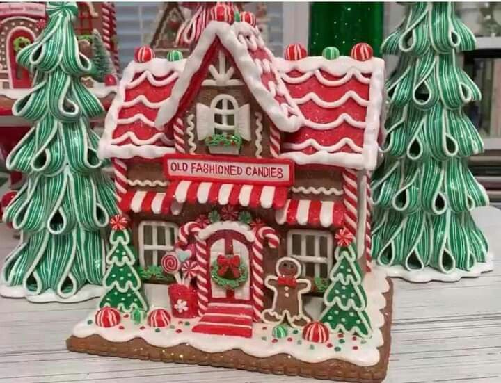 a gingerbread house is decorated with candy canes