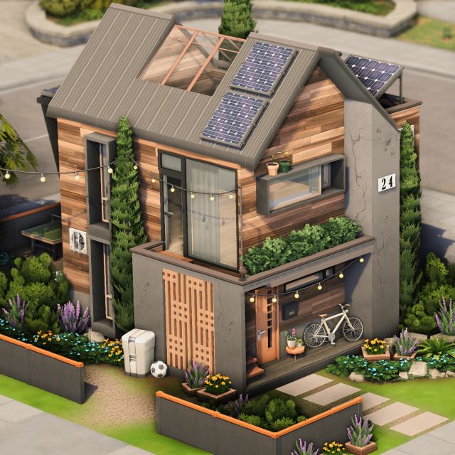 an image of a house with solar panels on the roof and plants growing out of it