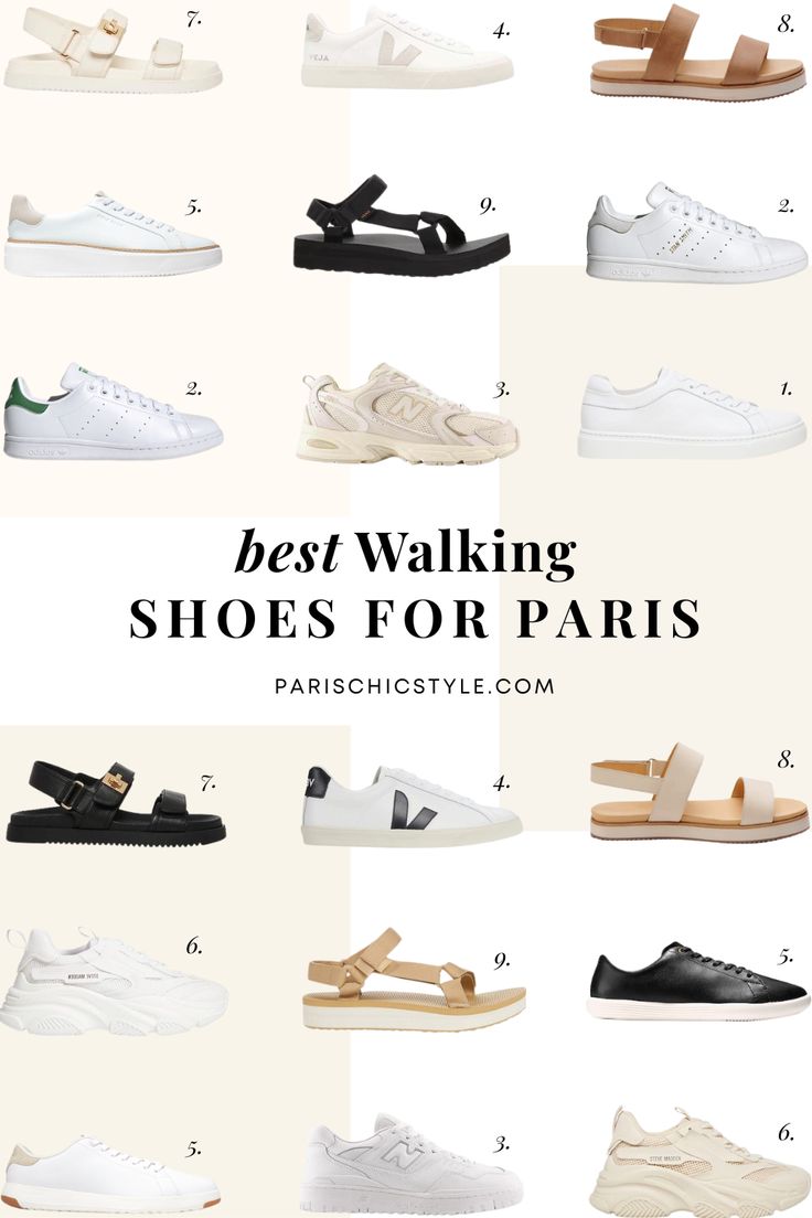 Best Walking Shoes For Paris: What Shoes To Wear In Europe? Adidas Stan Smith Sneakers, M.Gemi Sneakers, Veja Sneakers, Cole Haan Sneakers , New Balance Sneakers, Teva Sandals, Steve Madden, Nisolo Sandals.  Comfortable Stylish sandals for Paris Europe that are chic & timeless. Comfortable sneakers for Paris, comfortable sneakers for Europe, comfortable walking sandals for Europe. Best walking sandals for travel.  Best sandals for travel, best sneakers for travel. #bestwalkingshoesforparis Sneakers For Summer 2023, Off White Sandals Outfit, Europe Sandals Outfit, Paris Sneakers Outfit, Paris Shoes Walking, Italy Sneaker Outfits, Europe Shoes Summer, Europe Summer Sandals, Best Veja Sneakers