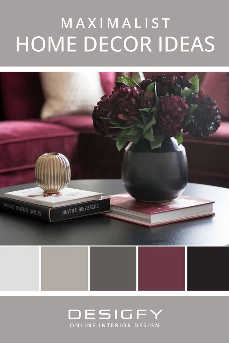 A maximalist home decor vignette featuring a red upholstered chair, a vase with dark peonies, books, and a decorative orb on a black table, with color palette swatches below, titled 'Maximalist Home Decor Ideas' by Designfy. Grey And Burgundy Living Room, Colors That Go With Burgundy, Burgundy Interior Design, Burgundy Color Palettes, Burgundy Paint Colors, Burgundy Bedroom, Winter Interior Design, Burgundy Color Scheme, Burgundy Sofas