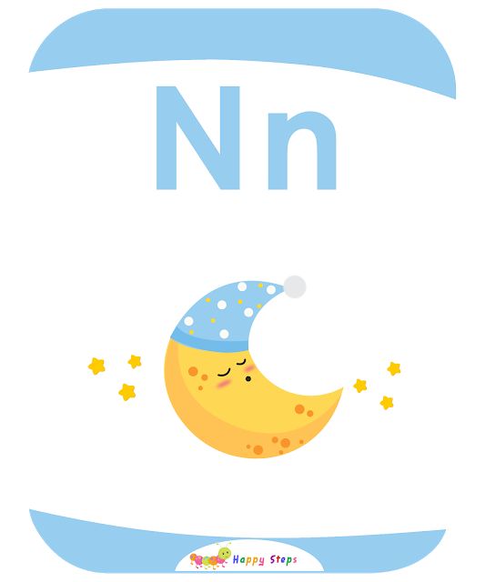 the letter n is for moon with stars on its head and it's name