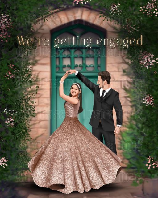 a digital painting of a couple dancing in front of a door with the caption we're getting engaged