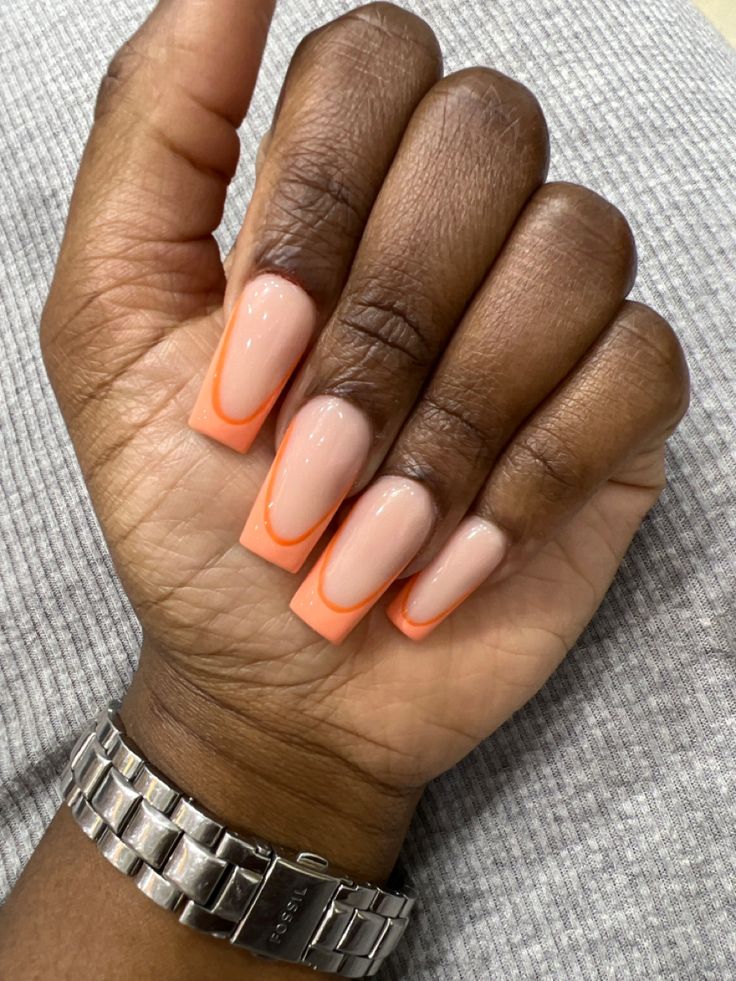 Double Lined French Tip Nails, Double Color French Tip Nails, Lined French Tip Nails, Double Lined French Tip, Lined French Tip, Uñas Color Salmon, Peach French Tips, Double Line French Tip Nails, Peach Nails With Designs