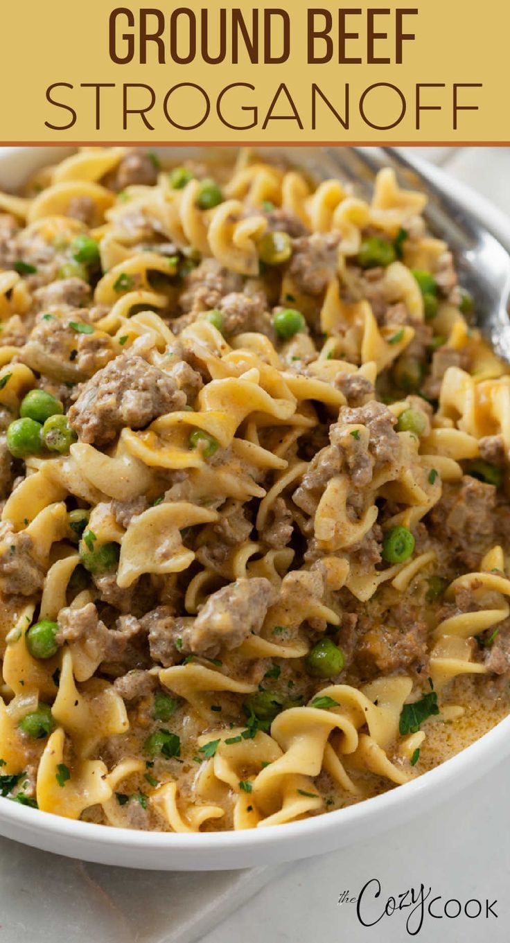 ground beef stroganoff topped with peas and served on a white plate Casaroles Recipes, Ground Turkey Stroganoff, Beef Nachos, Cozy Cook, Ground Beef Stroganoff, Ground Meat Recipes, Beef Casserole Recipes, Ground Beef Recipes Easy, Ground Beef Recipes For Dinner