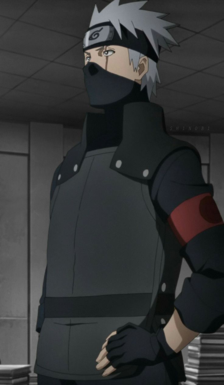 an anime character with grey hair and black clothes, standing in front of a wall