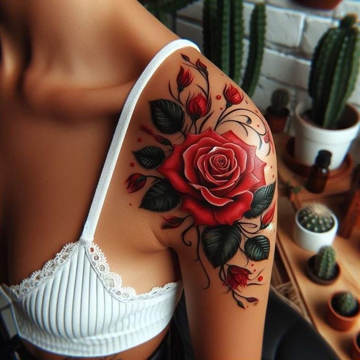 a woman with a rose tattoo on her shoulder