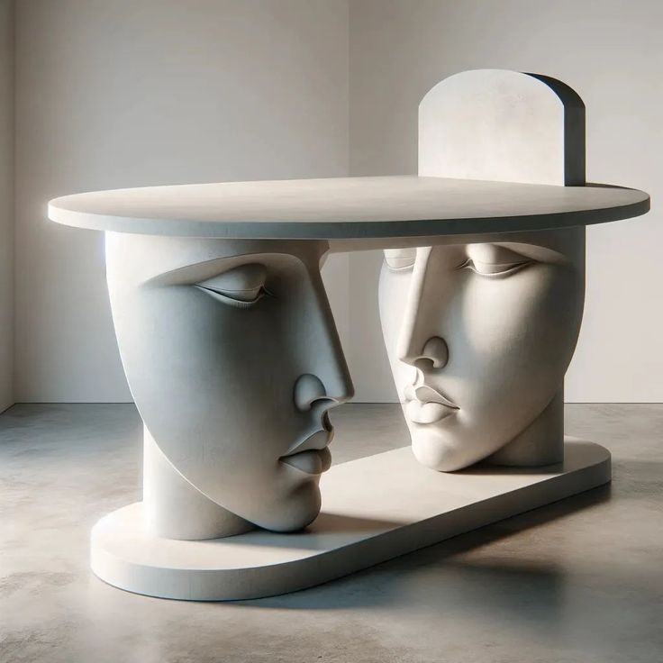 two white heads are facing each other in front of a table with a mirror on it