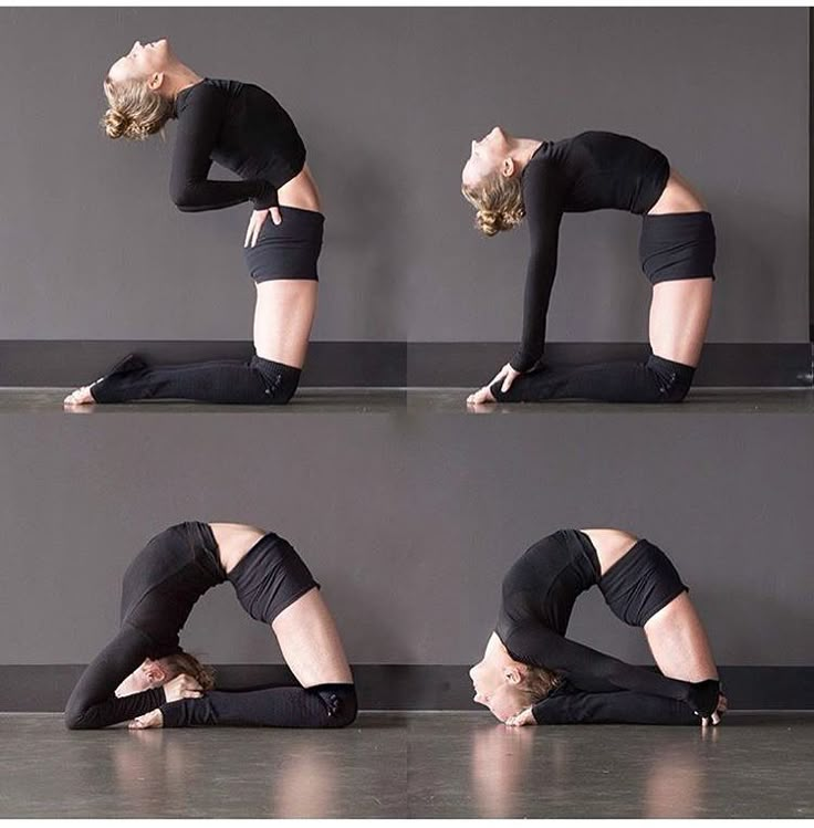 the woman is practicing her yoga moves in different positions, including one on the floor