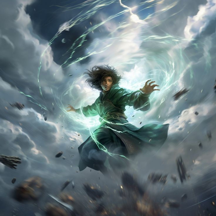 a man is flying through the air with his arms out in front of clouds and lightning