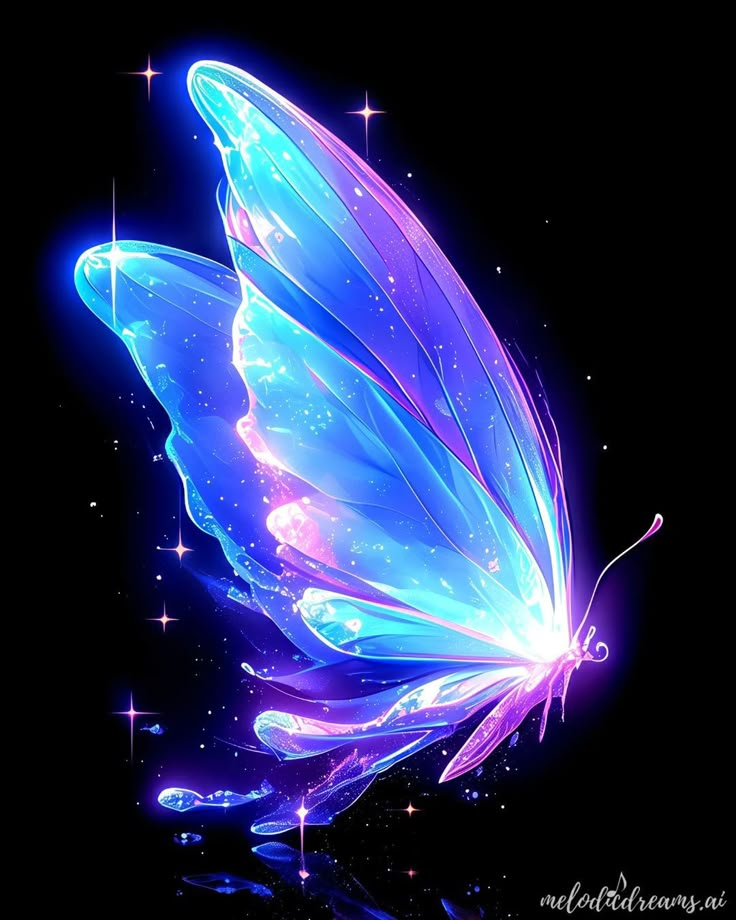 a blue butterfly flying through the air with stars on it's back end and wings spread