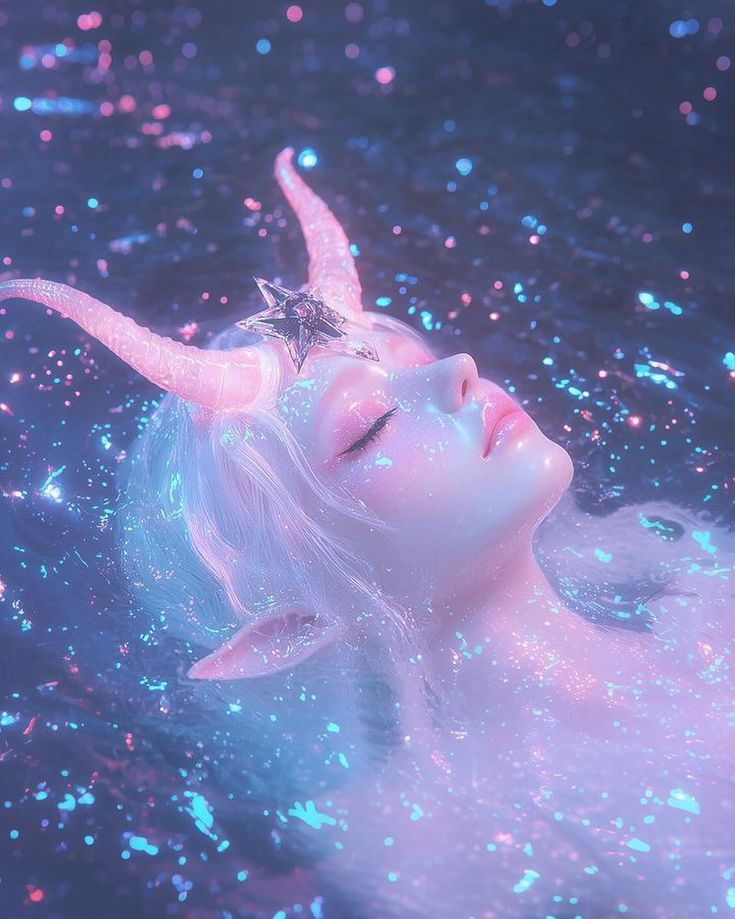 a woman floating in the water with stars on her head