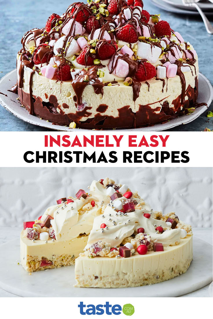 three different cheesecakes on plates with the words insanely easy christmas recipes