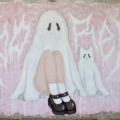 a painting of a ghost sitting next to a white cat on a pink wall with spooky eyes