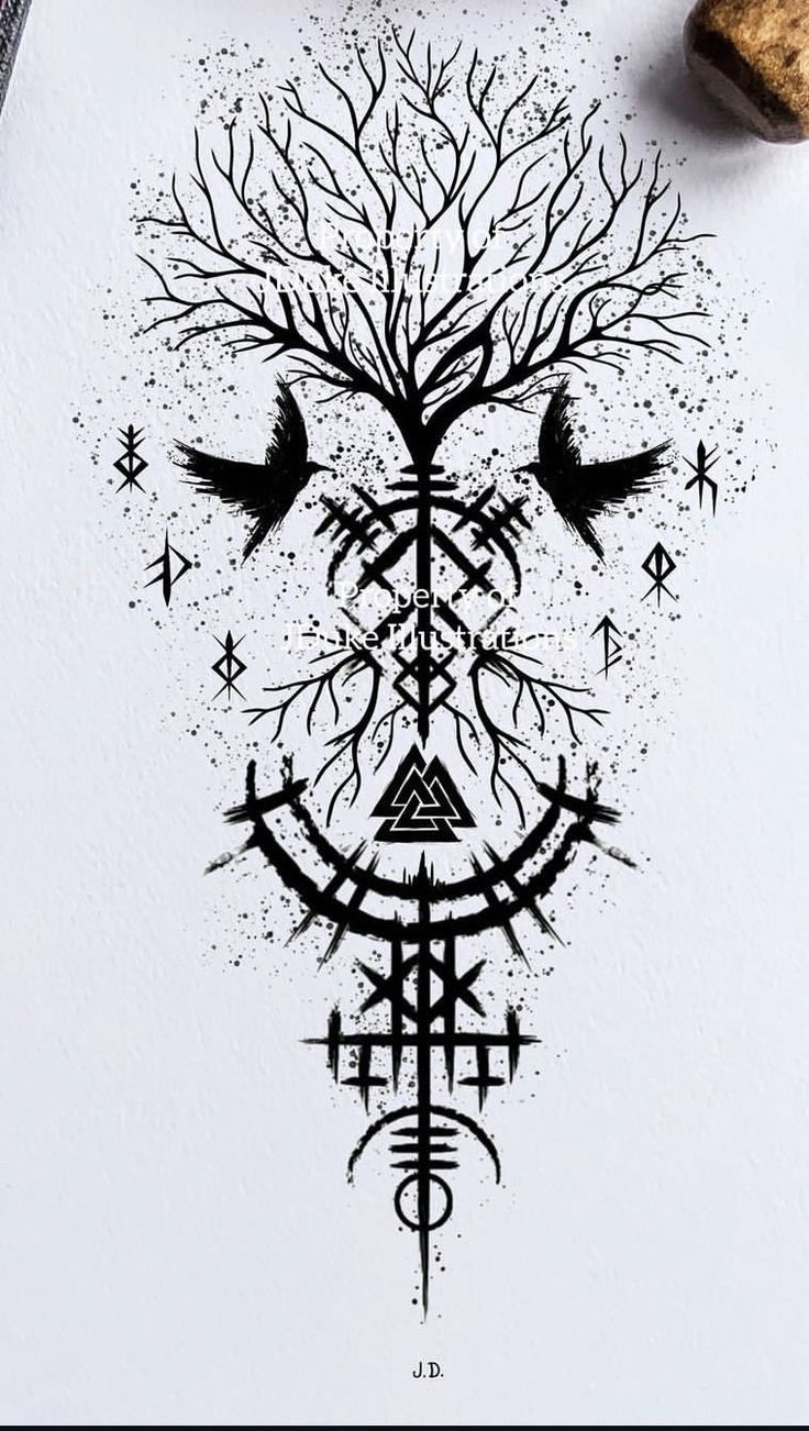 an ink drawing of a tree with two birds on it's head and some other symbols