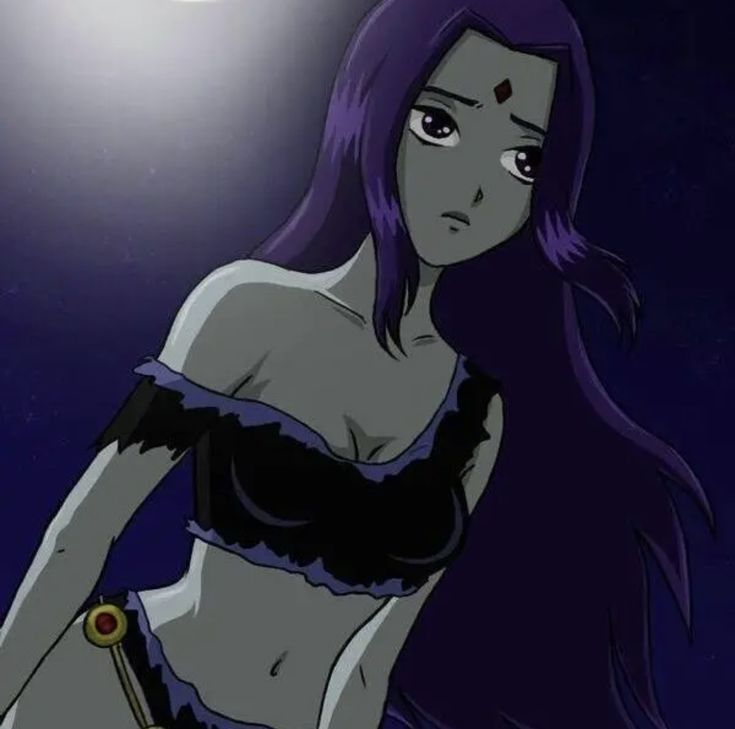 a woman with purple hair standing in front of a full moon and wearing a bra